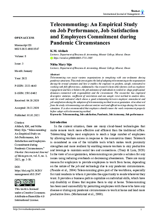 (PDF) Telecommuting: An Empirical Study on Job Performance, Job ...