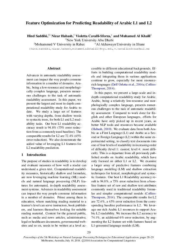 (PDF) Feature Optimization for Predicting Readability of Arabic L1 and L2