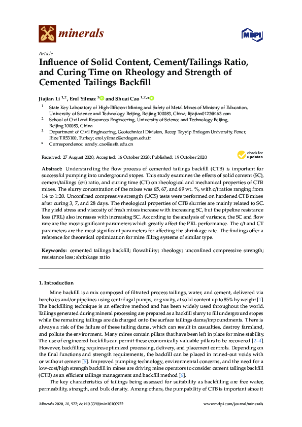 (PDF) Influence of Solid Content, Cement/Tailings Ratio, and Curing ...