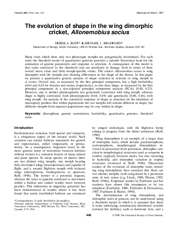 (PDF) The evolution of shape in the wing dimorphic cricket ...