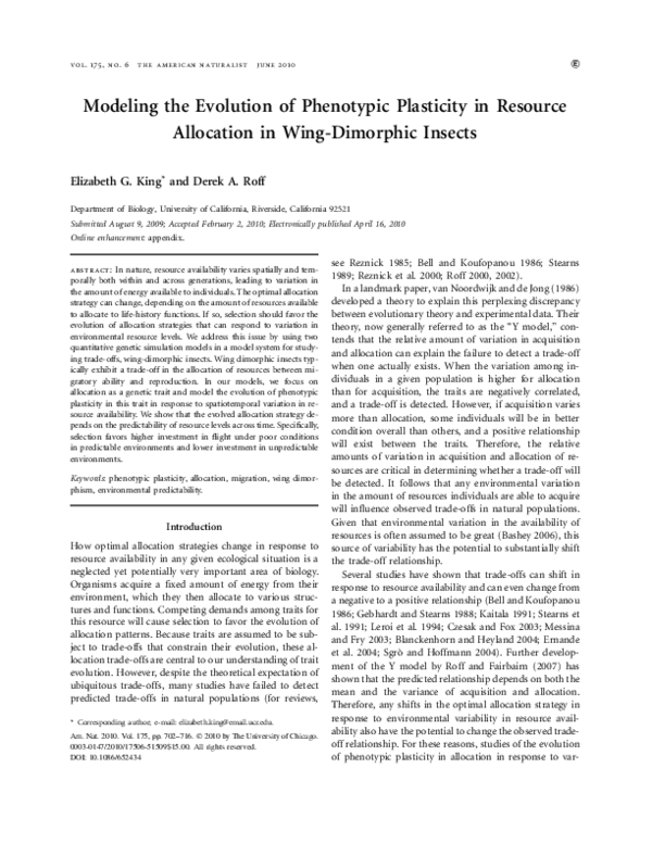 (PDF) Modeling the Evolution of Phenotypic Plasticity in Resource ...