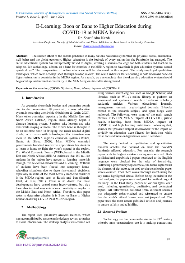 (PDF) E-Learning: Boon or Bane to Higher Education during COVID-19 at ...