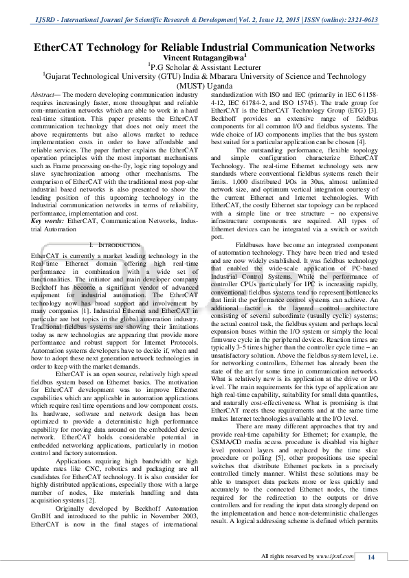 (PDF) EtherCAT Technology for Reliable Industrial Communication Networks