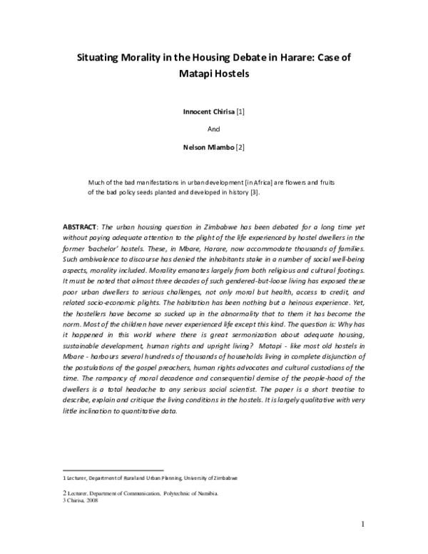 (PDF) Situating morality in the housing debate in Harare: Case of ...