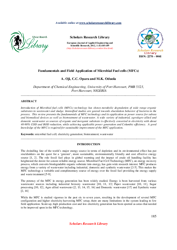(PDF) Fundamentals and Field Application of Microbial Fuel cells