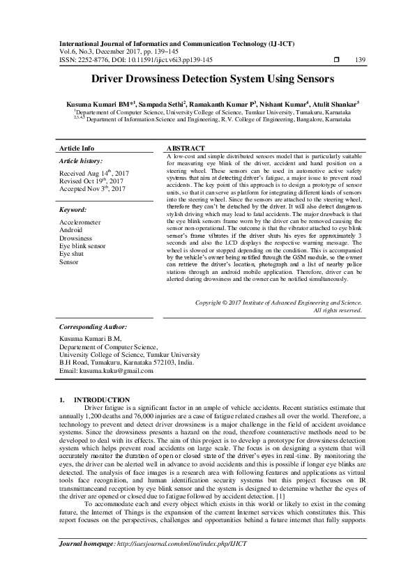 (PDF) Driver Drowsiness Detection System Using Sensors