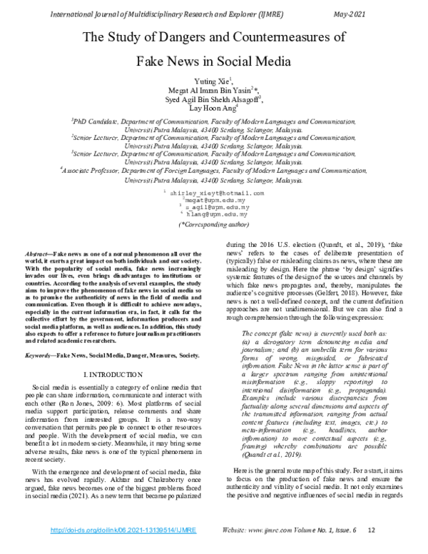 (PDF) The Study of Dangers and Countermeasures of Fake News in Social Media