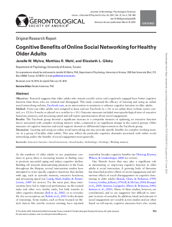 (PDF) Cognitive Benefits of Online Social Networking for Healthy Older ...