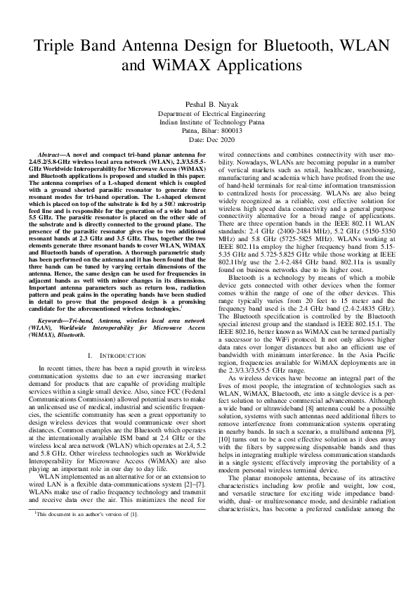 (PDF) Triple Band Antenna Design for Bluetooth, WLAN and WiMAX Applications