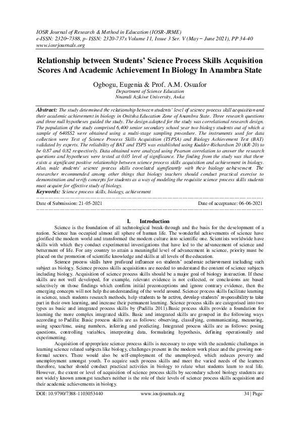 (PDF) Relationship between Students' Science Process Skills Acquisition ...