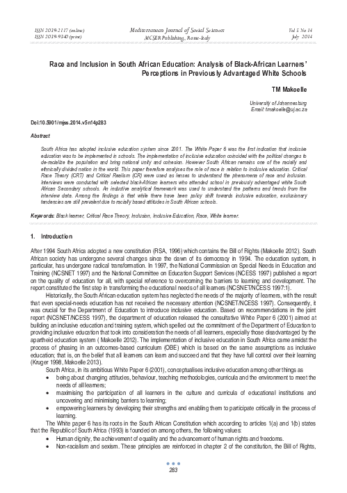 (PDF) Race and Inclusion in South African Education: Analysis of Black ...