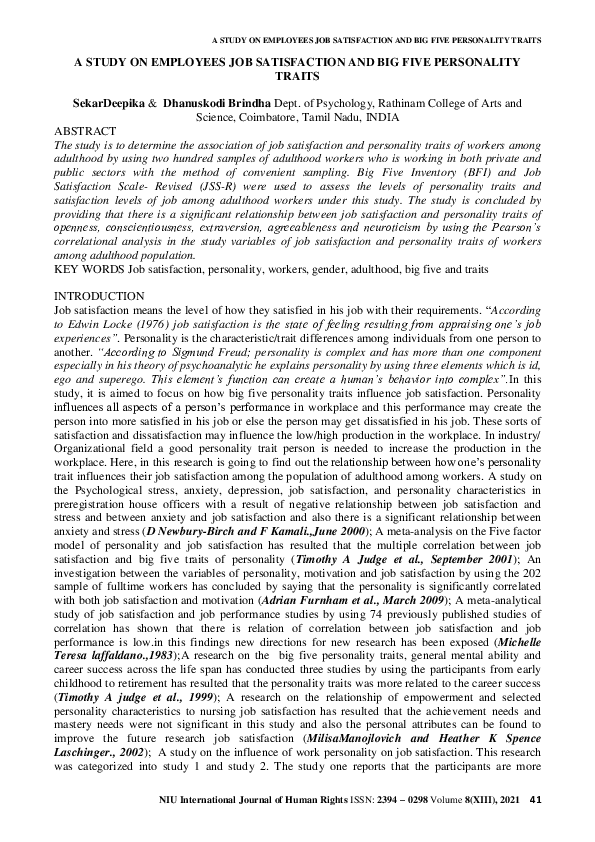 (PDF) A STUDY ON EMPLOYEES JOB SATISFACTION AND BIG FIVE PERSONALITY TRAITS