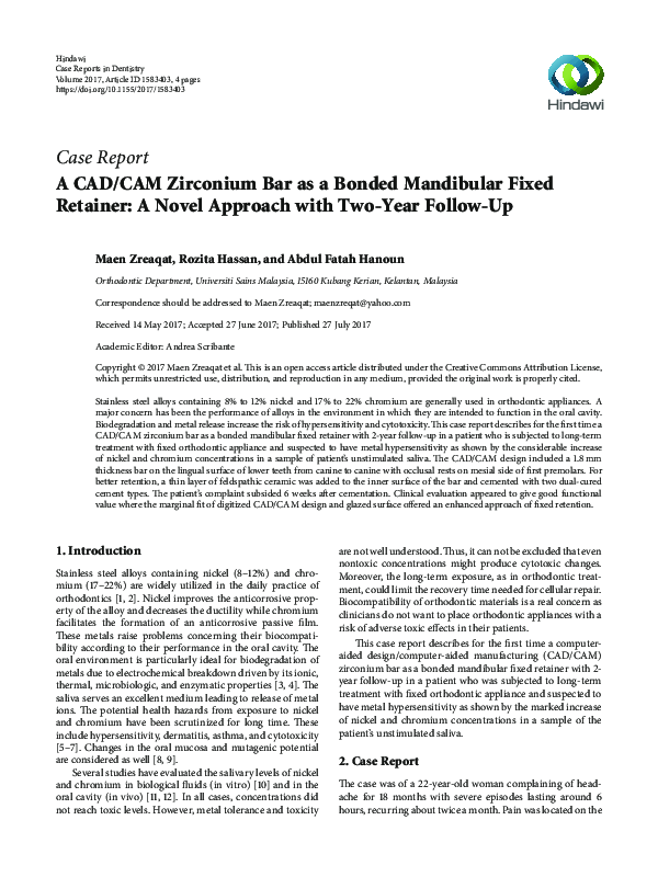 (PDF) A CAD/CAM Zirconium Bar as a Bonded Mandibular Fixed Retainer: A ...