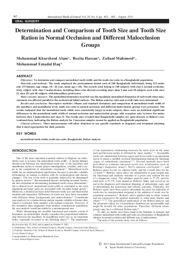 (PDF) Determination and Comparison of Tooth Size and Tooth Size Ration ...