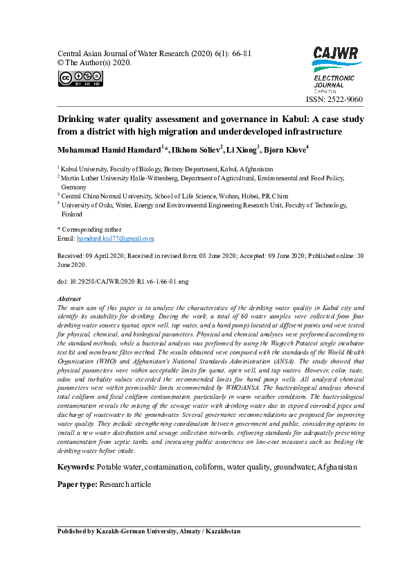 (PDF) Drinking water quality assessment and governance in Kabul: A case ...