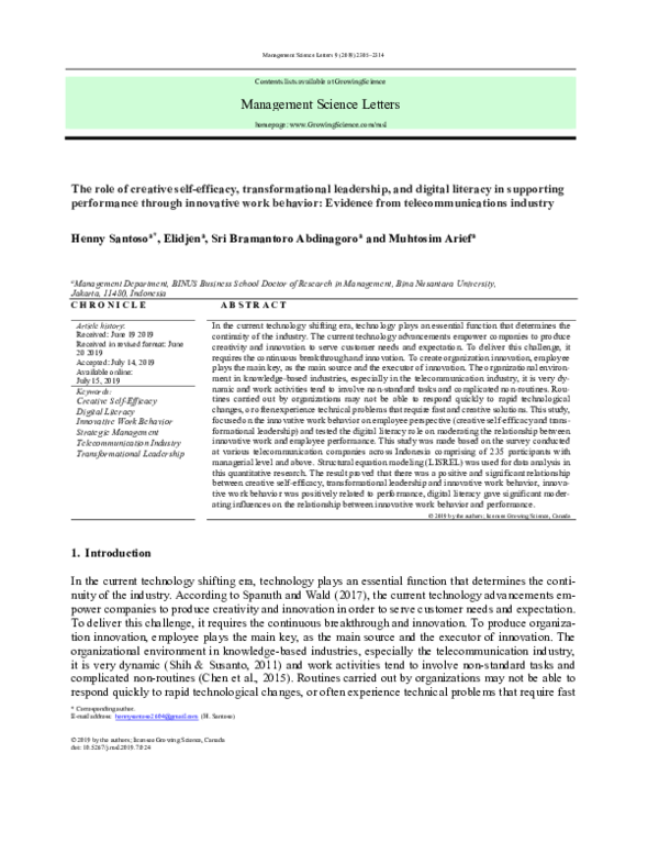 (PDF) The role of creative self-efficacy, transformational leadership ...
