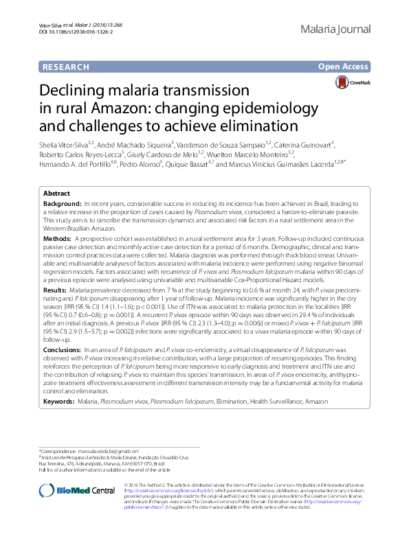 (PDF) Declining malaria transmission in rural Amazon: changing ...