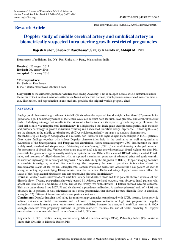 (PDF) Doppler study of middle cerebral artery and umbilical artery in ...