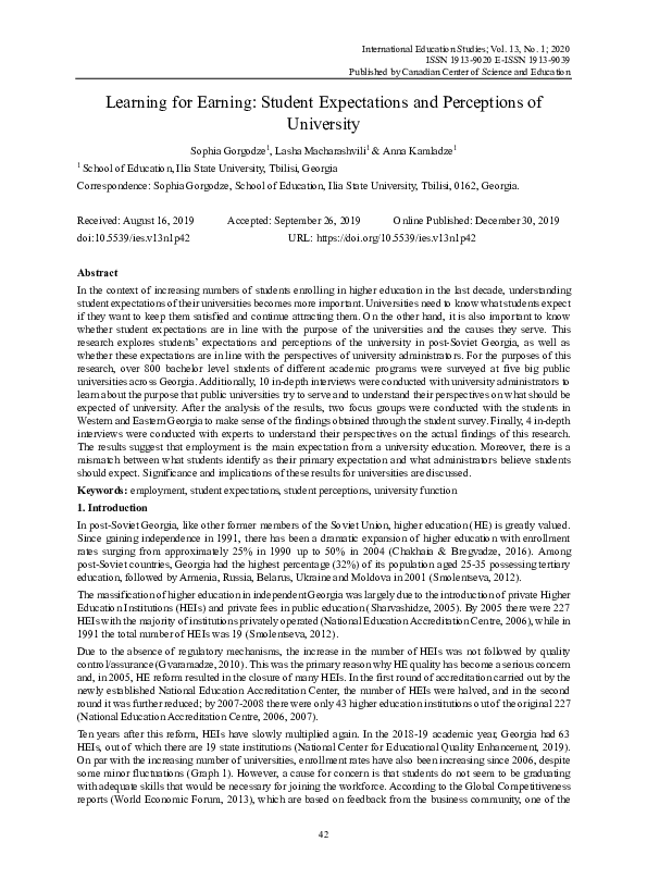 (PDF) Learning for Earning: Student Expectations and Perceptions of ...