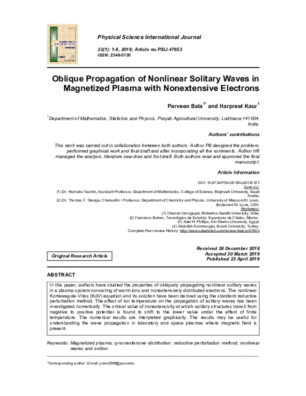 (PDF) Oblique Propagation of Nonlinear Solitary Waves in Magnetized ...