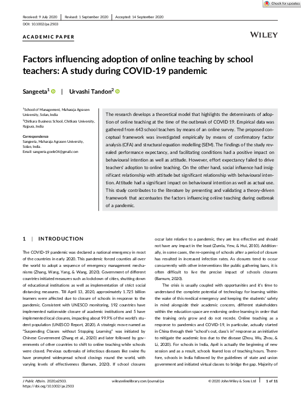 (PDF) Factors influencing adoption of online teaching by school ...