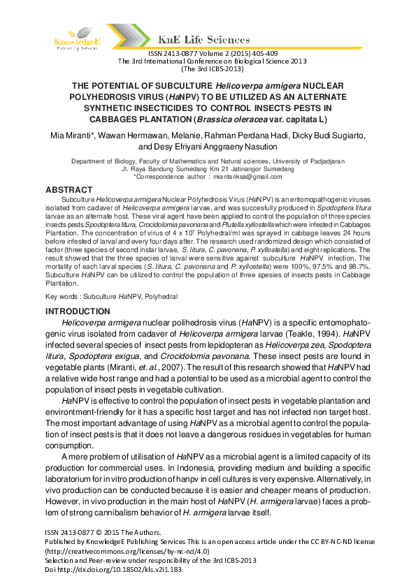 (PDF) THE POTENTIAL OF SUBCULTURE Helicoverpa armigera NUCLEAR ...