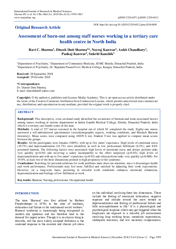 (PDF) Assessment of burn-out among staff nurses working in a tertiary ...