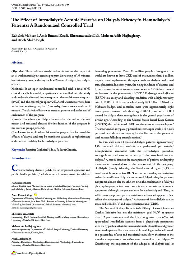(PDF) The Effect of Intradialytic Aerobic Exercise on Dialysis Efficacy ...