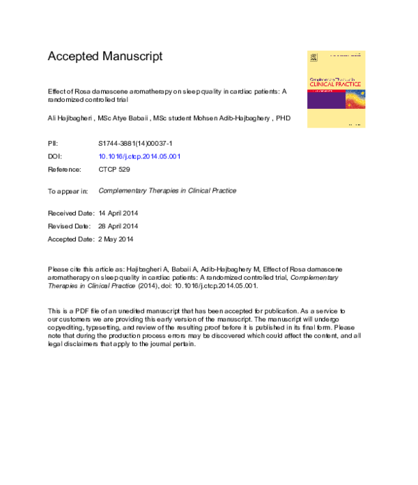 (PDF) Effect of Rosa damascene aromatherapy on sleep quality in cardiac ...