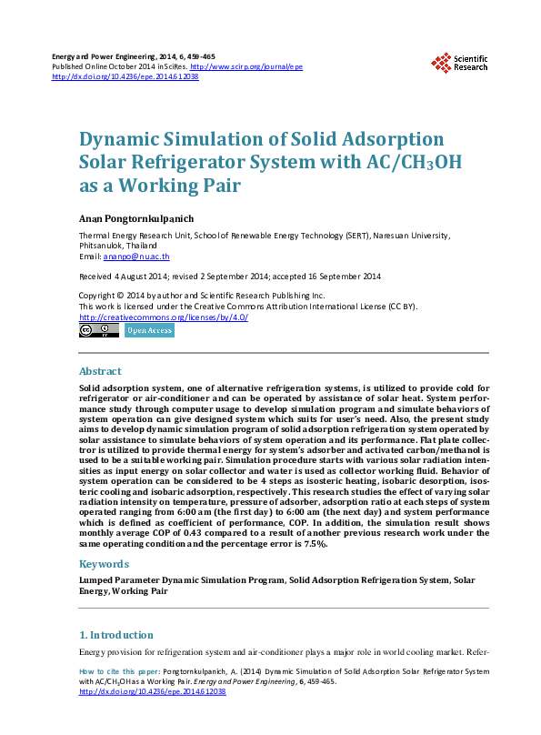 (PDF) Dynamic Simulation of Solid Adsorption Solar Refrigerator System ...