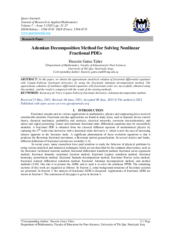 (PDF) Adomian Decomposition Method for Solving Nonlinear Fractional PDEs