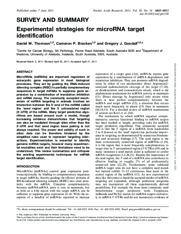 (PDF) Experimental strategies for microRNA target identification