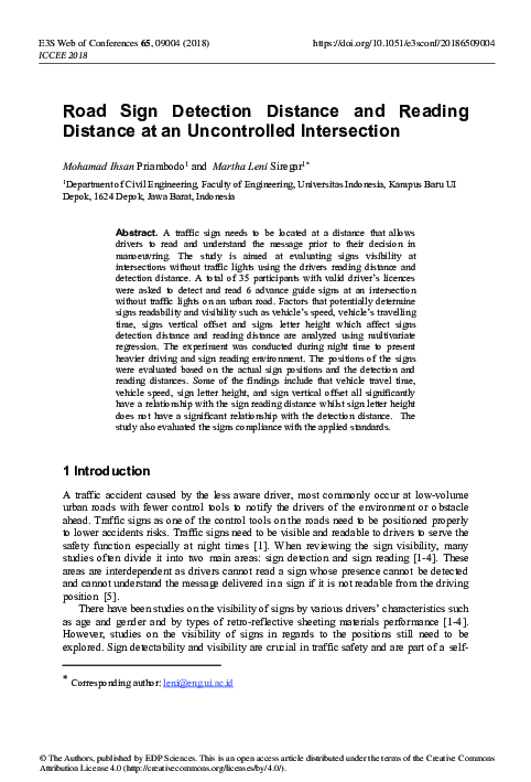 (PDF) Road Sign Detection Distance and Reading Distance at an ...