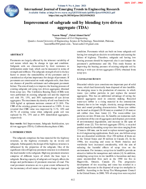 (PDF) Improvement of subgrade soil by blending tyre driven aggregate (TDA)
