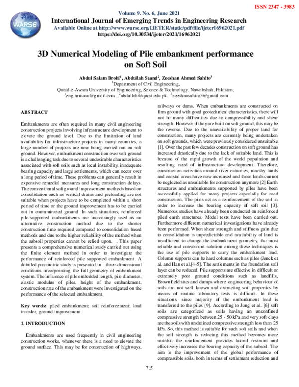 (PDF) 3D Numerical Modeling of Pile embankment performance on Soft Soil