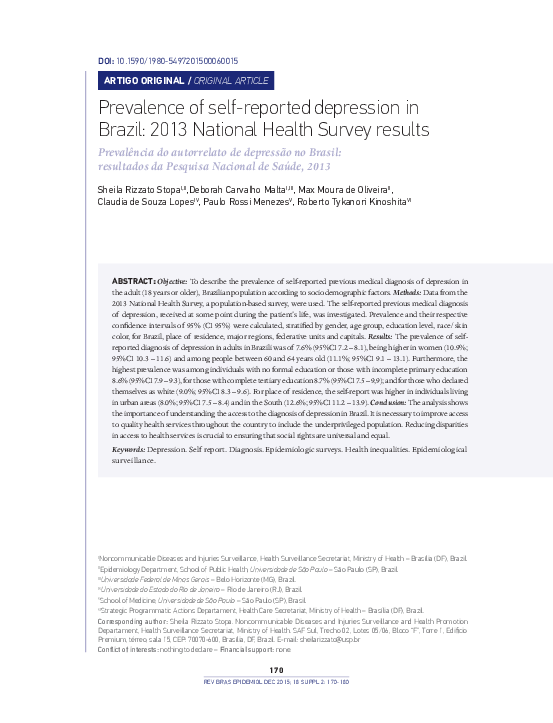  PDF Prevalence Of Self reported Depression In Brazil 2013 National Health Survey Results 