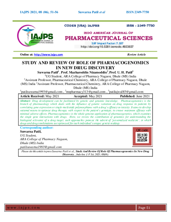 (PDF) STUDY AND REVIEW OF ROLE OF PHARMACOGENOMICS IN NEW DRUG DISCOVERY