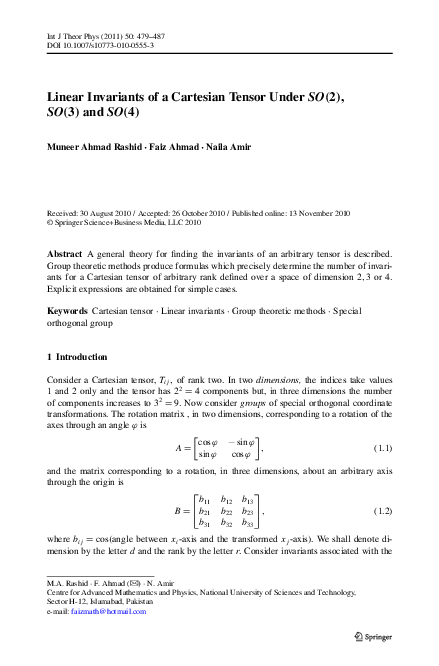 (PDF) Linear Invariants of a Cartesian Tensor Under SO(2), SO(3) and SO(4)