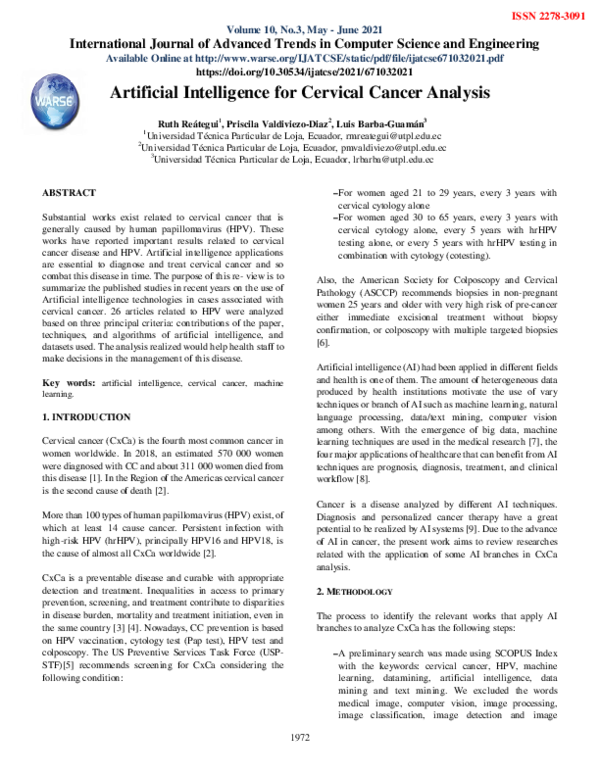(PDF) Artificial Intelligence for Cervical Cancer Analysis