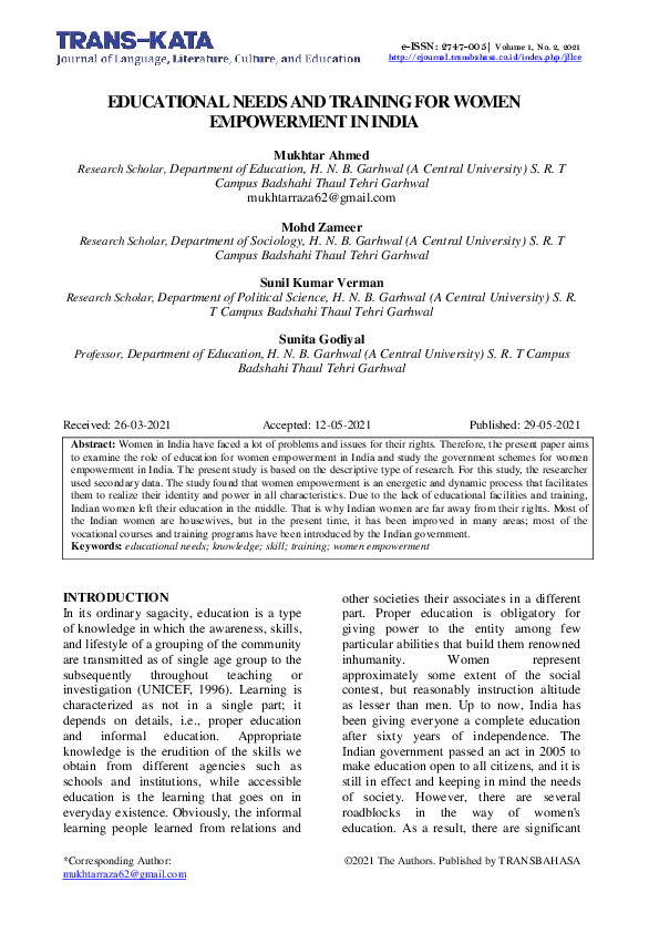 (PDF) EDUCATIONAL NEEDS AND TRAINING FOR WOMEN EMPOWERMENT IN INDIA