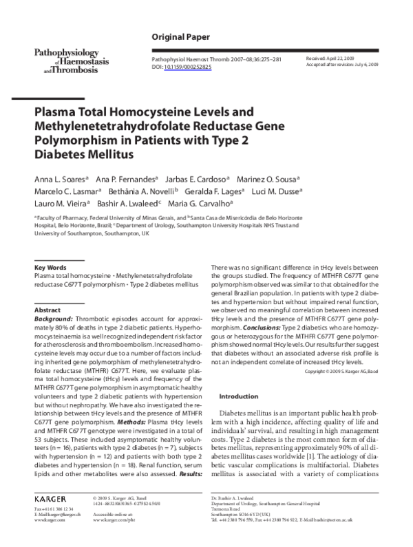(PDF) Plasma Total Homocysteine Levels and Methylenetetrahydrofolate ...