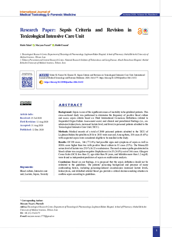 (PDF) Sepsis Criteria and Revision in Toxicological Intensive Care Unit