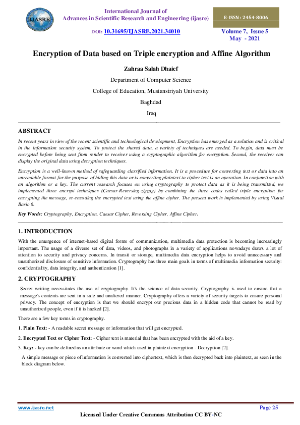 (PDF) Encryption of Data based on Triple encryption and Affine Algorithm