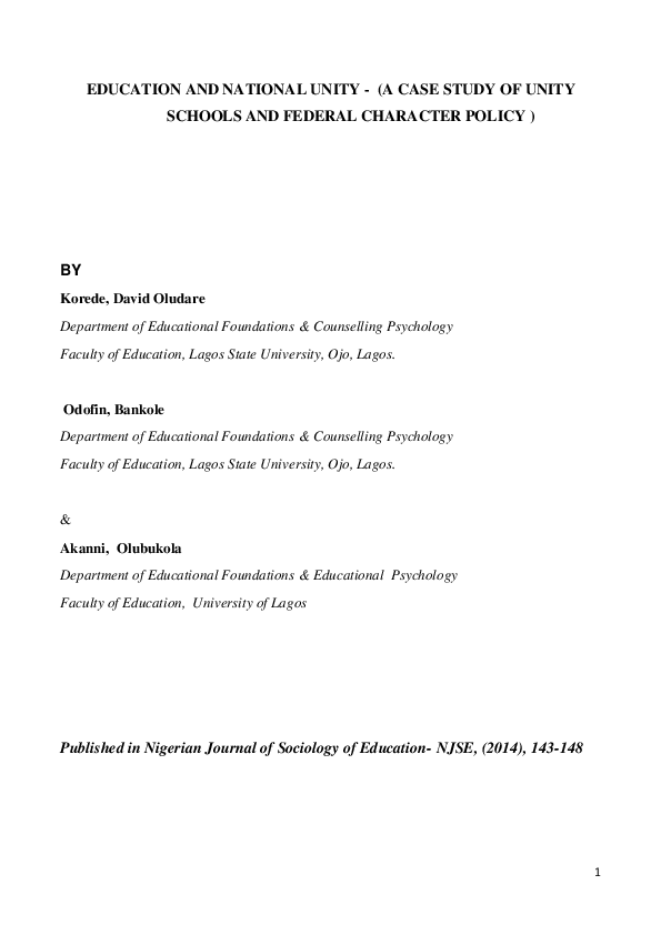 (PDF) EDUCATION AND NATIONAL UNITY -(A CASE STUDY OF UNITY SCHOOLS AND ...