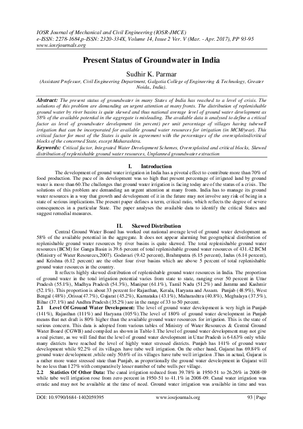 (PDF) Present Status of Groundwater in India