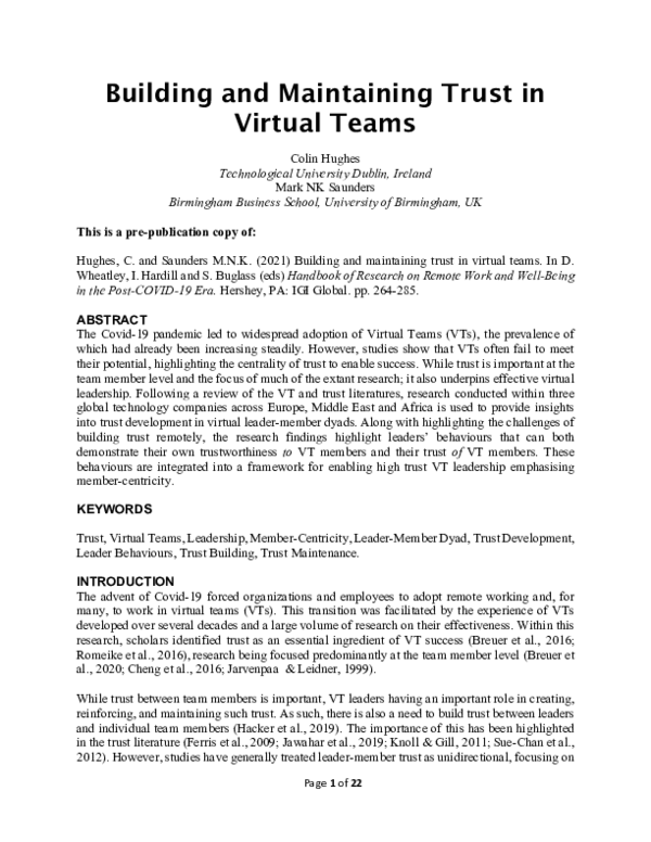 (PDF) Building and Maintaining Trust in Virtual Teams