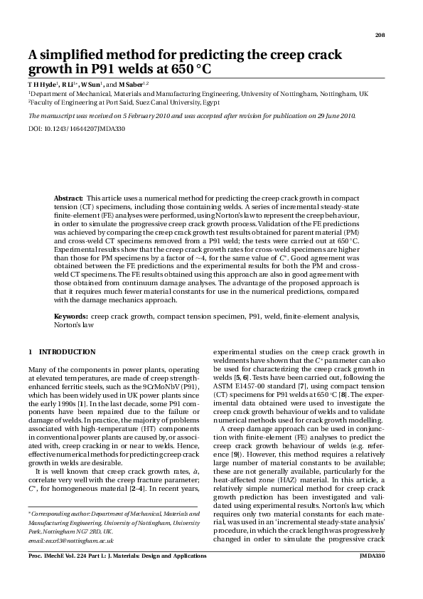 (PDF) A simplified method for predicting the creep crack growth in P91 ...
