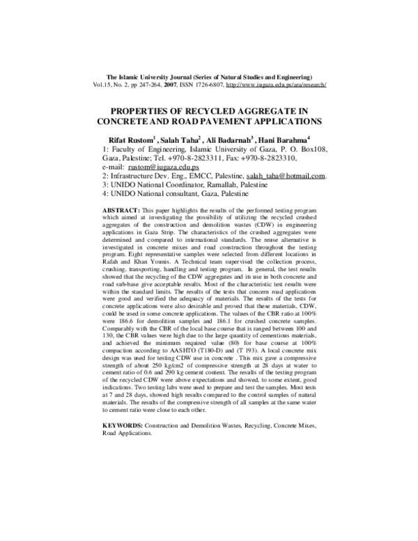 (PDF) Properties of Recycled Aggregate in Concrete and Road Pavement ...