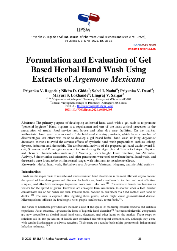 (PDF) Formulation and Evaluation of Gel Based Herbal Hand Wash Using