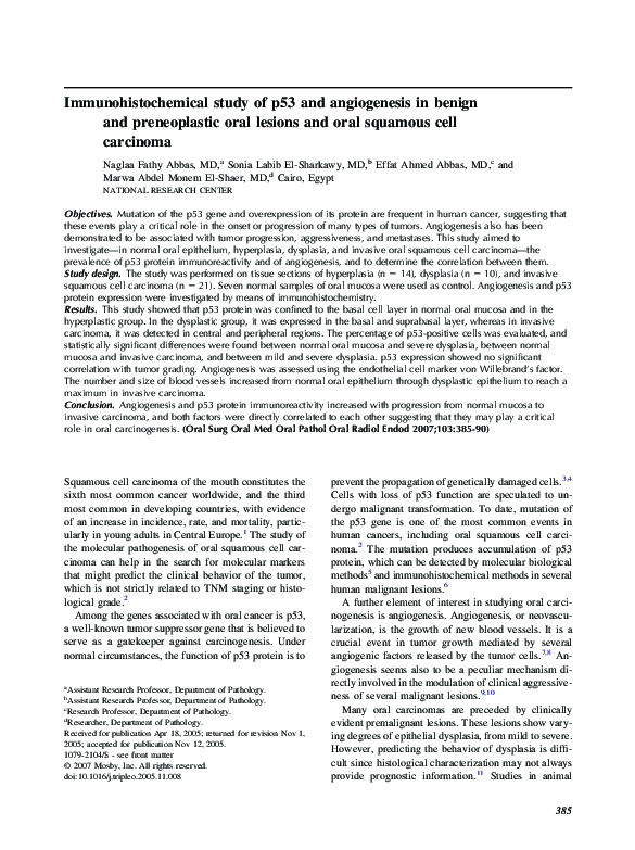 (PDF) Immunohistochemical study of p53 and angiogenesis in benign and ...
